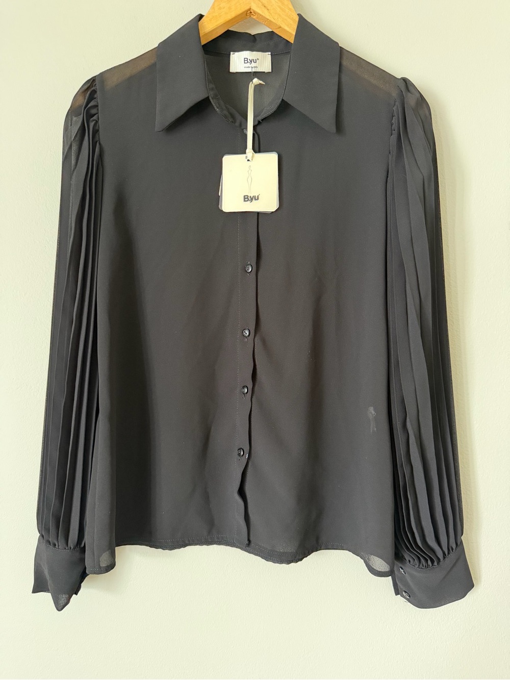 Byu Made in Italy Black Accordion Pleated Sleeve Sheer Blouse XS NWT